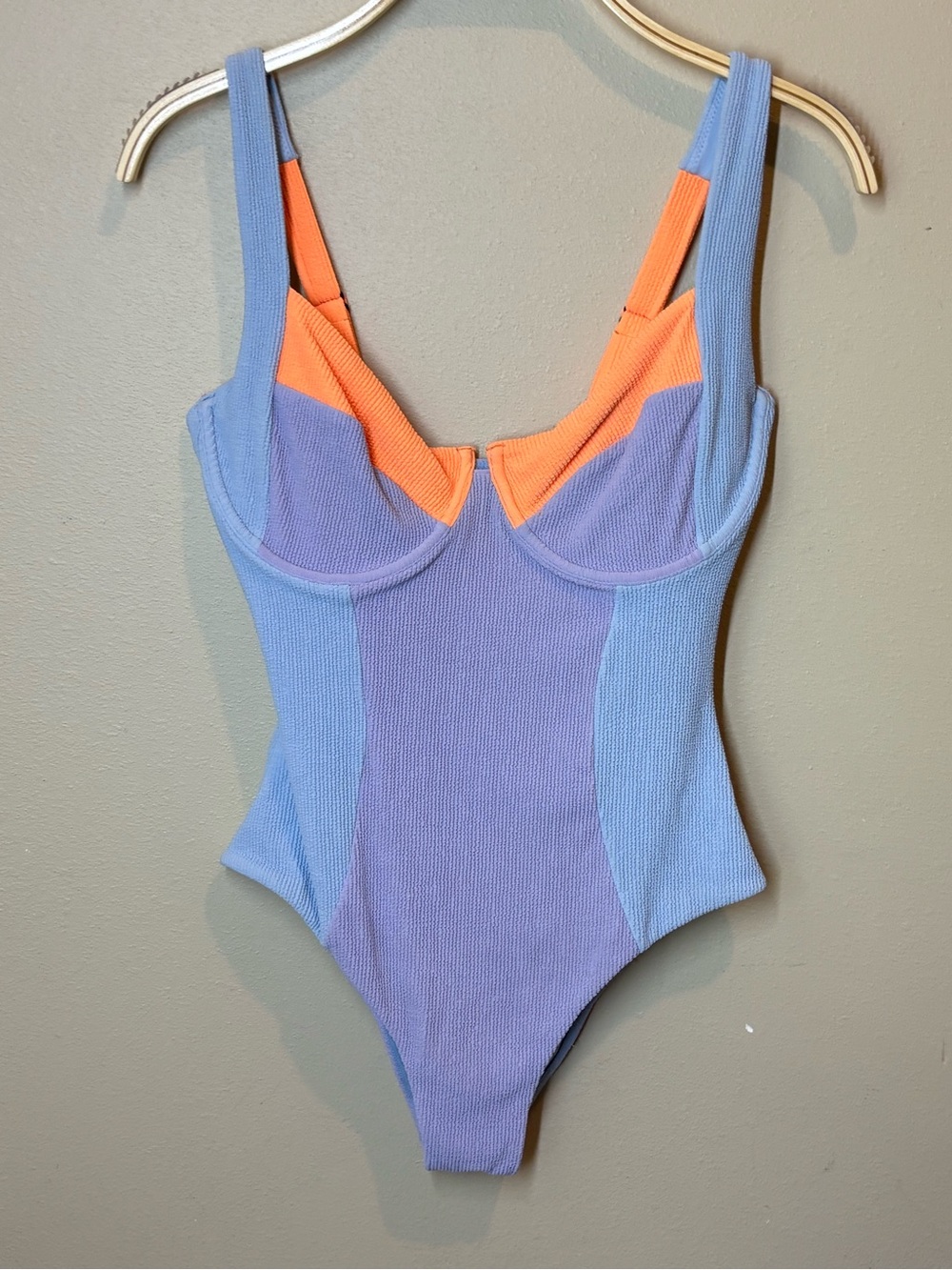 Vetchy Colorblock One-Piece Swimsuit, stretchy ribbed, Lavender and Coral, med